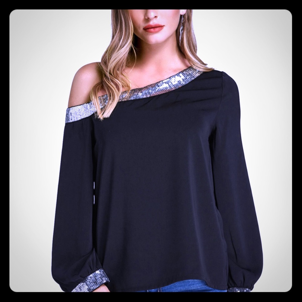 Black sequins embellished one shoulder blouse
